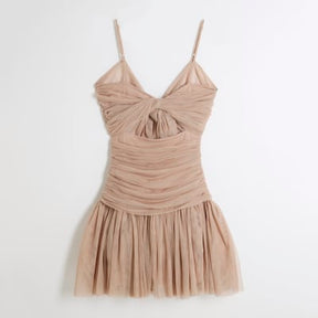 Beige Bow Back Cut Out Tulle Mini Dress