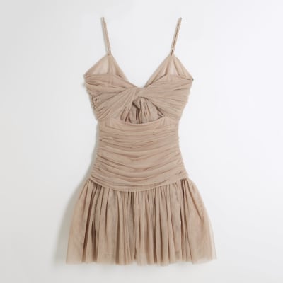 Beige Bow Back Cut Out Tulle Mini Dress