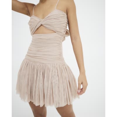 Beige Bow Back Cut Out Tulle Mini Dress