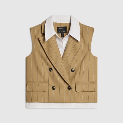 Beige Boxy Pinstripe Hybrid Waistcoat