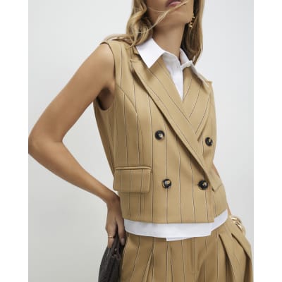 Beige Boxy Pinstripe Hybrid Waistcoat