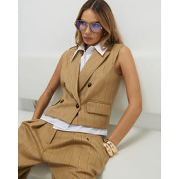 Beige Boxy Pinstripe Hybrid Waistcoat