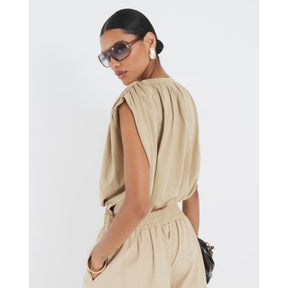 Beige Bubble Hem Ruched T-shirt