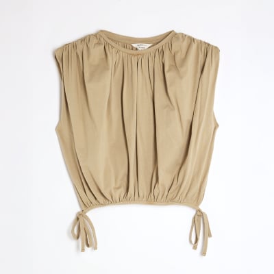 Beige Bubble Hem Ruched T-shirt