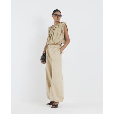 Beige Bubble Hem Ruched T-shirt