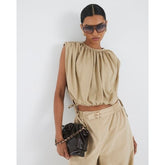 Beige Bubble Hem Ruched T-shirt