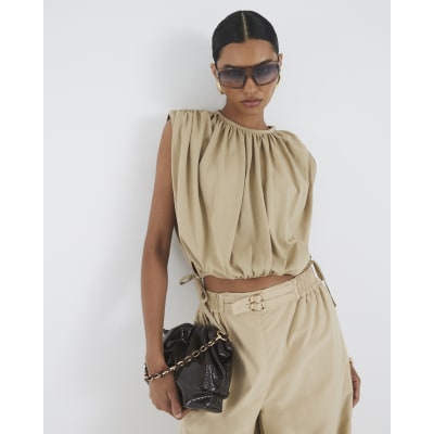 Beige Bubble Hem Ruched T-shirt