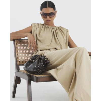 Beige Bubble Hem Ruched T-shirt