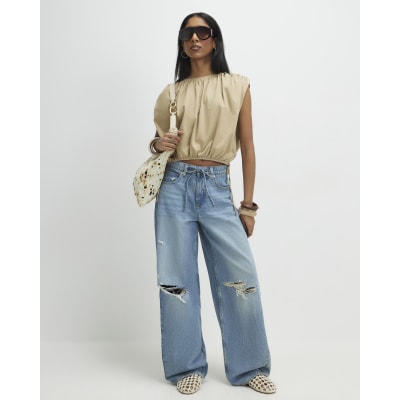 Beige Bubble Hem T-Shirt