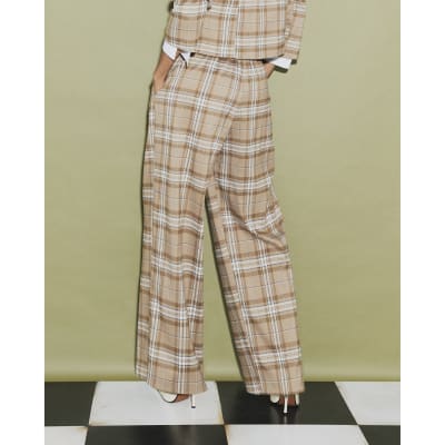 Beige Check Pleated Wide Leg Trousers
