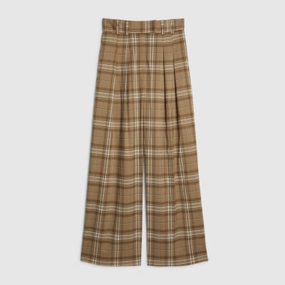 Beige Check Pleated Wide Leg Trousers