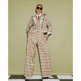 Beige Check Pleated Wide Leg Trousers