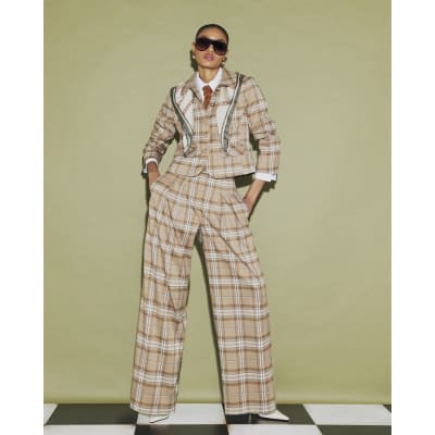 Beige Check Pleated Wide Leg Trousers