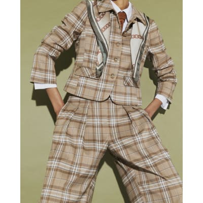 Beige Check Pleated Wide Leg Trousers