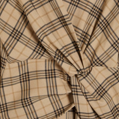 Beige Check Print Twist Detail Collared Top