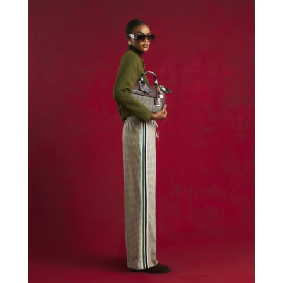 Beige Check Side Stripe Tailored Joggers