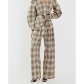 Beige Check Wide Leg Trousers
