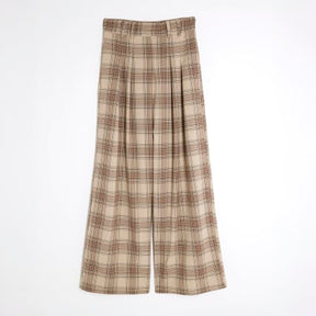 Beige Check Wide Leg Trousers