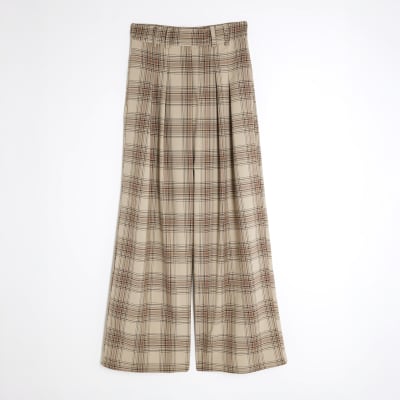 Beige Check Wide Leg Trousers