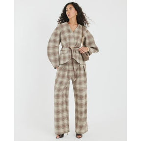 Beige Check Wide Leg Trousers