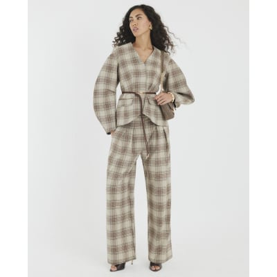 Beige Check Wide Leg Trousers