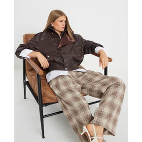 Beige Check Wide Leg Trousers
