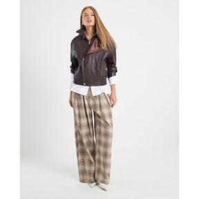 Beige Check Wide Leg Trousers