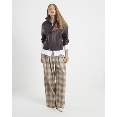 Beige Check Wide Leg Trousers