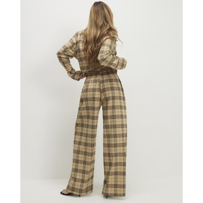 Beige Check Wide Leg Trousers