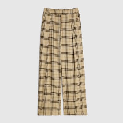 Beige Check Wide Leg Trousers