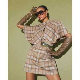 Beige Checked Cape Detail Mini Dress