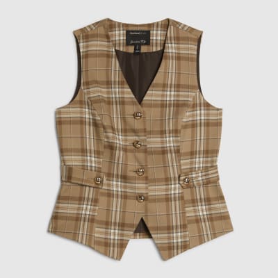 Beige Checked Cinched Waist Waistcoat