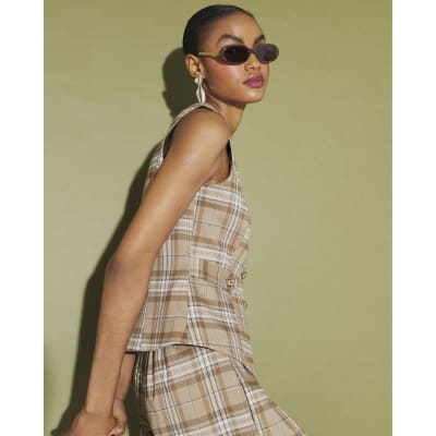 Beige Checked Cinched Waist Waistcoat