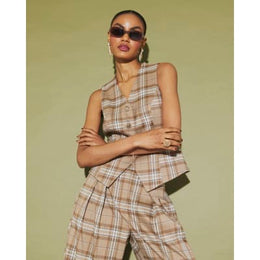 Beige Checked Cinched Waist Waistcoat