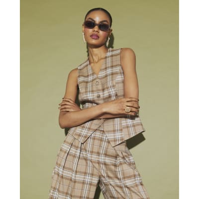Beige Checked Cinched Waist Waistcoat