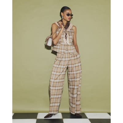 Beige Checked Cinched Waist Waistcoat