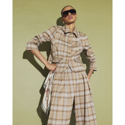 Beige Checked Pocket Detail Jacket