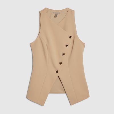 Beige Collarless Asymmetric Waistcoat