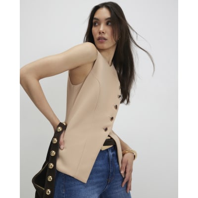 Beige Collarless Asymmetric Waistcoat