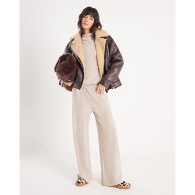 Beige Cosy Wide Leg Trousers