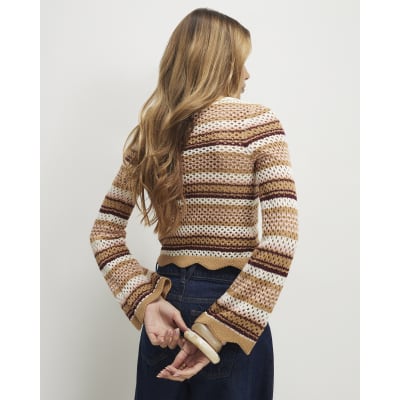 Beige Crochet Knit Striped Cardigan