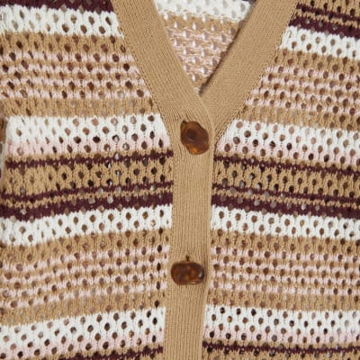 Beige Crochet Knit Striped Cardigan