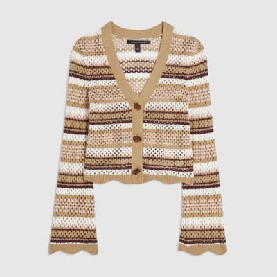 Beige Crochet Knit Striped Cardigan