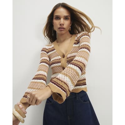 Beige Crochet Knit Striped Cardigan