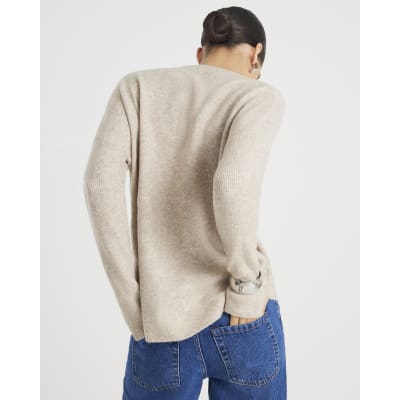 Beige Curved Hem Jumper
