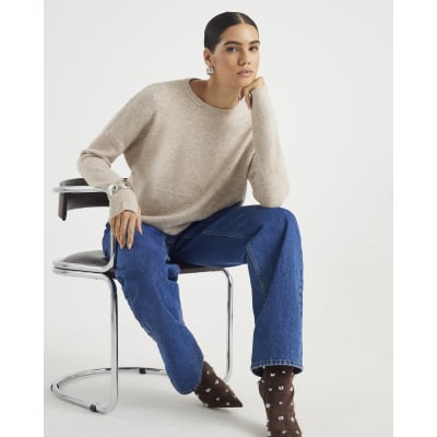 Beige Curved Hem Jumper