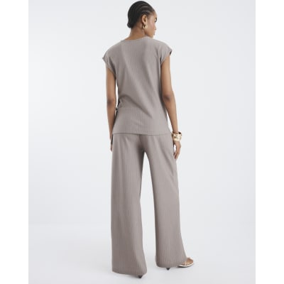 Beige Drawstring Pinstripe Trousers