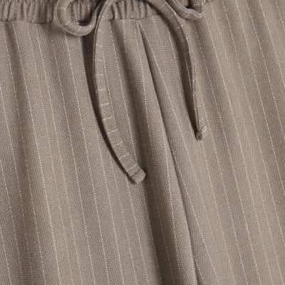 Beige Drawstring Pinstripe Trousers