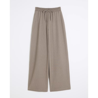 Beige Drawstring Pinstripe Trousers