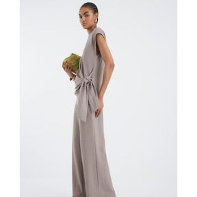 Beige Drawstring Pinstripe Trousers